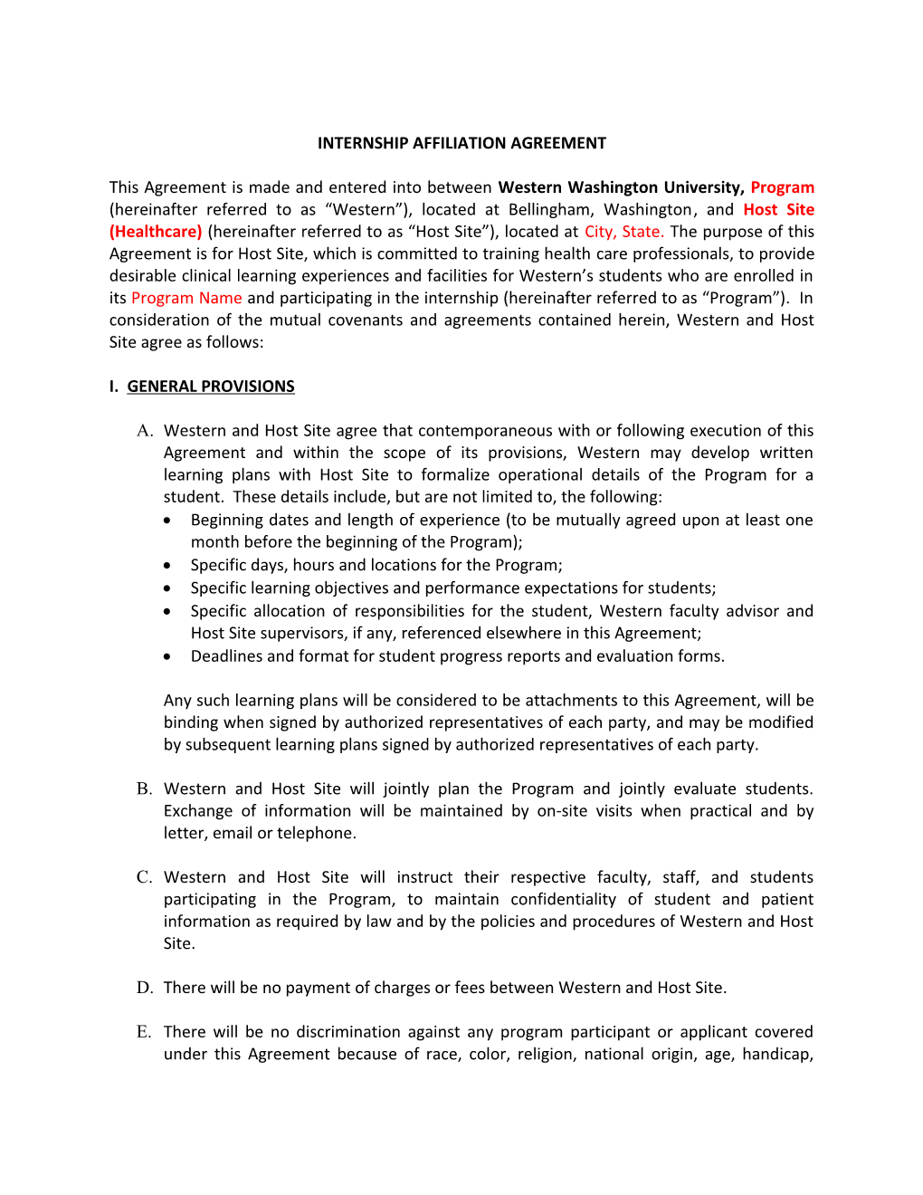 Model/Standard Clinical Affiliation Agreement - Non-UW Affiliates