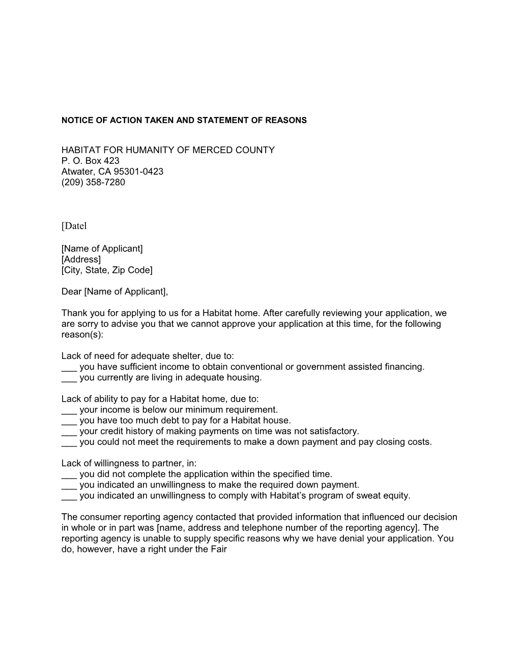Notice of Action Taken and Statement of Reasons