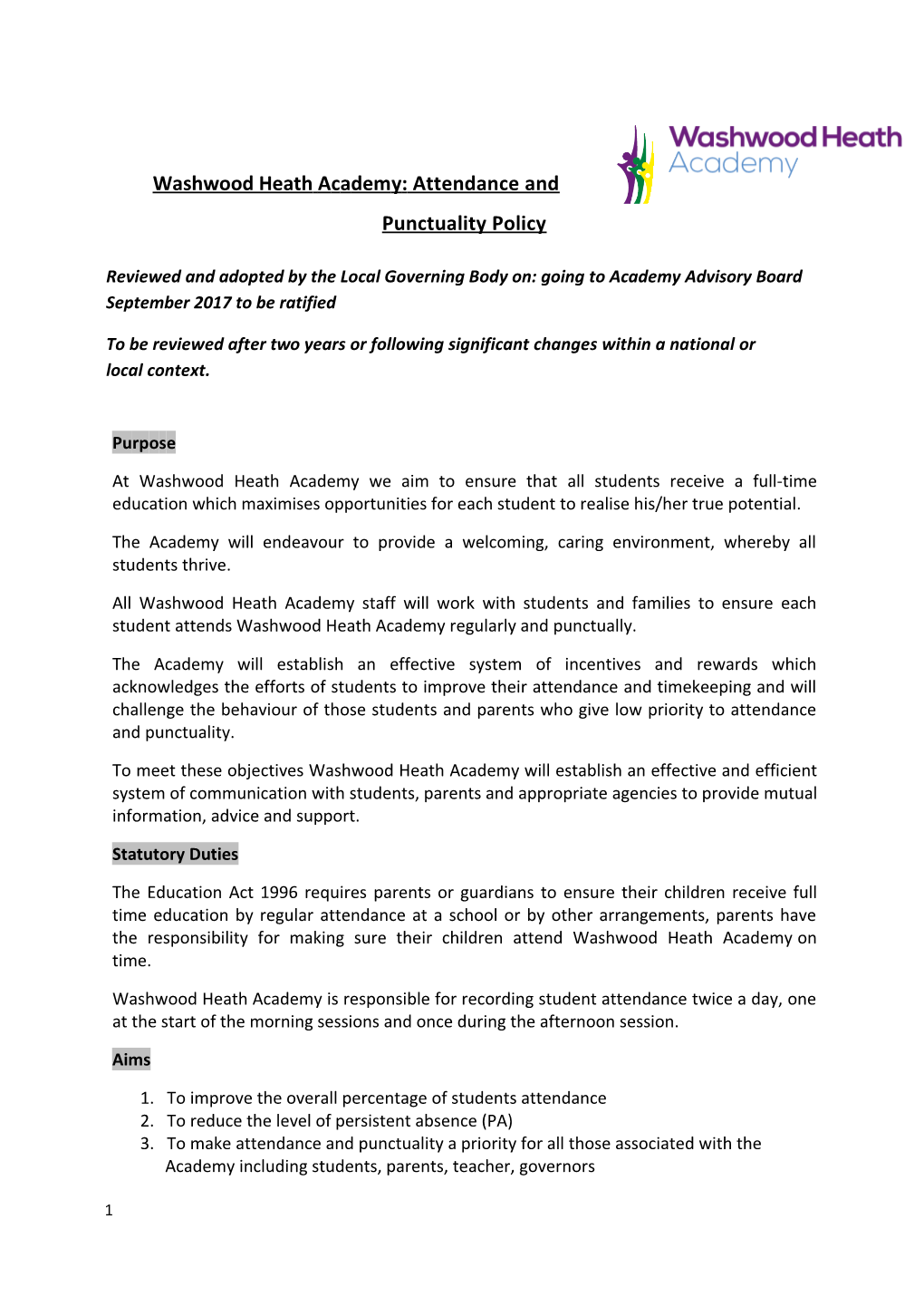 Washwood Heathacademy: Attendance and Punctuality Policy