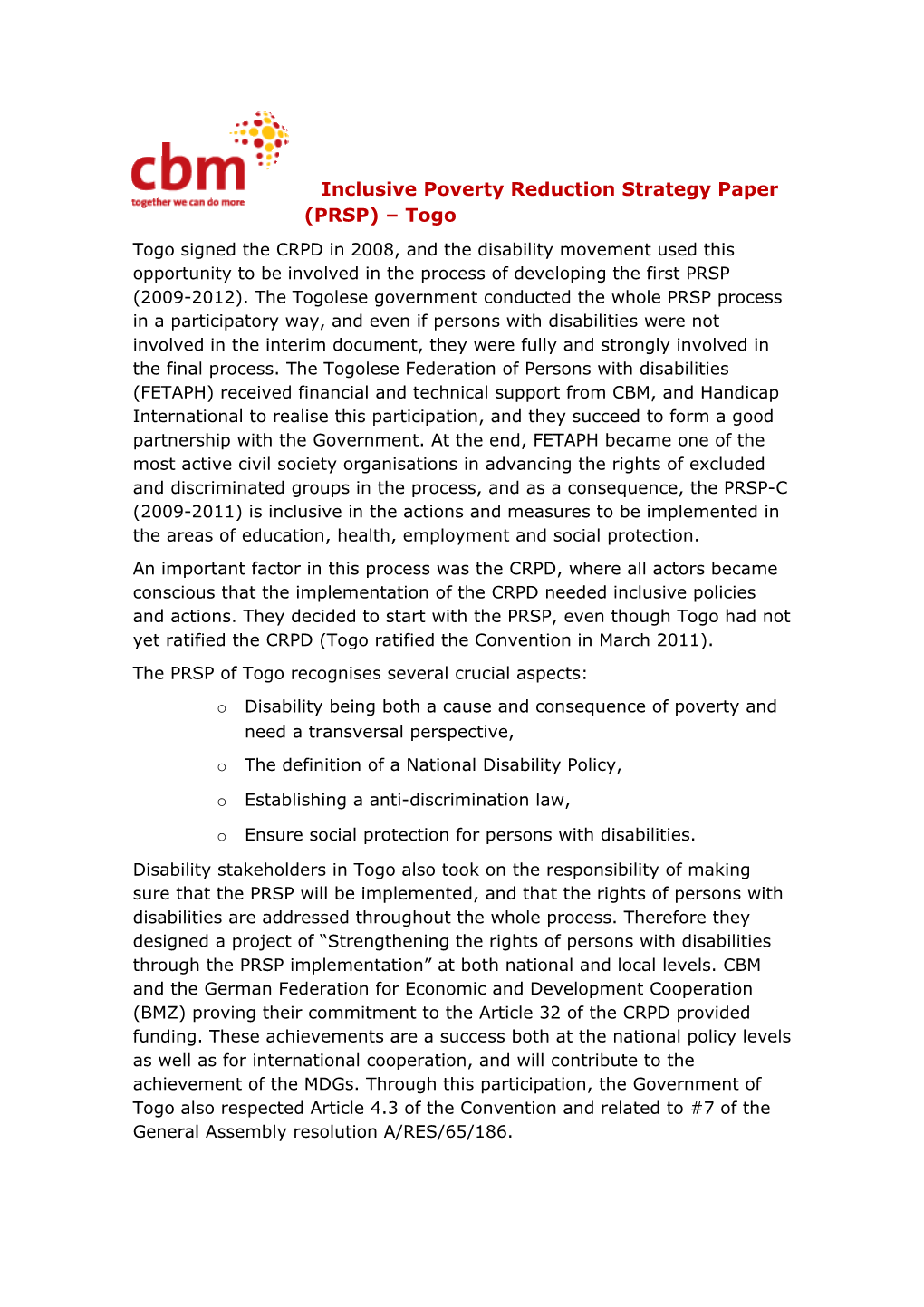 Inclusive Poverty Reduction Strategy Paper (PRSP) Togo