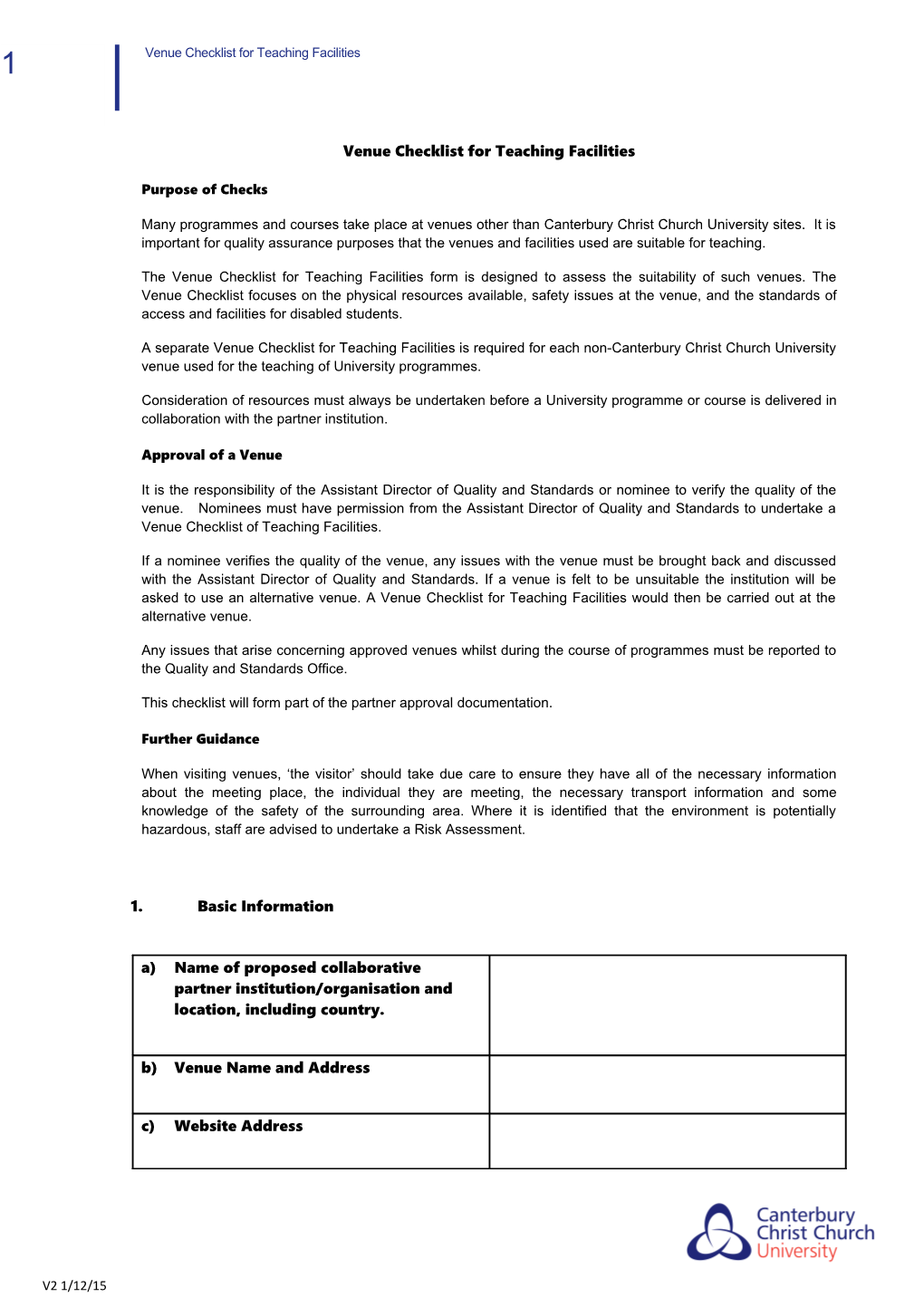 Venue Checklist for Teaching Facilities