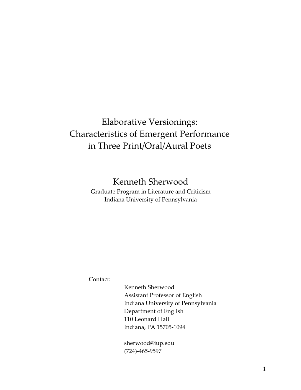 Sherwood - Elaborative Versionings: Oral/Aural Poetics in Baraka, Brathwaite, and Vicuña