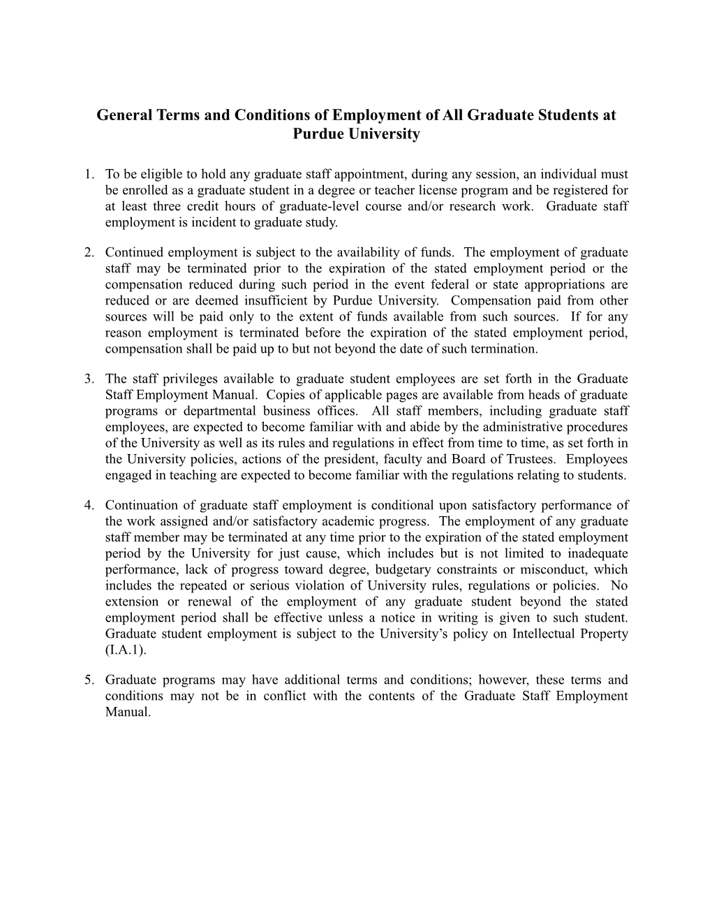 General Terms and Conditions of Employment of All Graduate Students at Purdue University