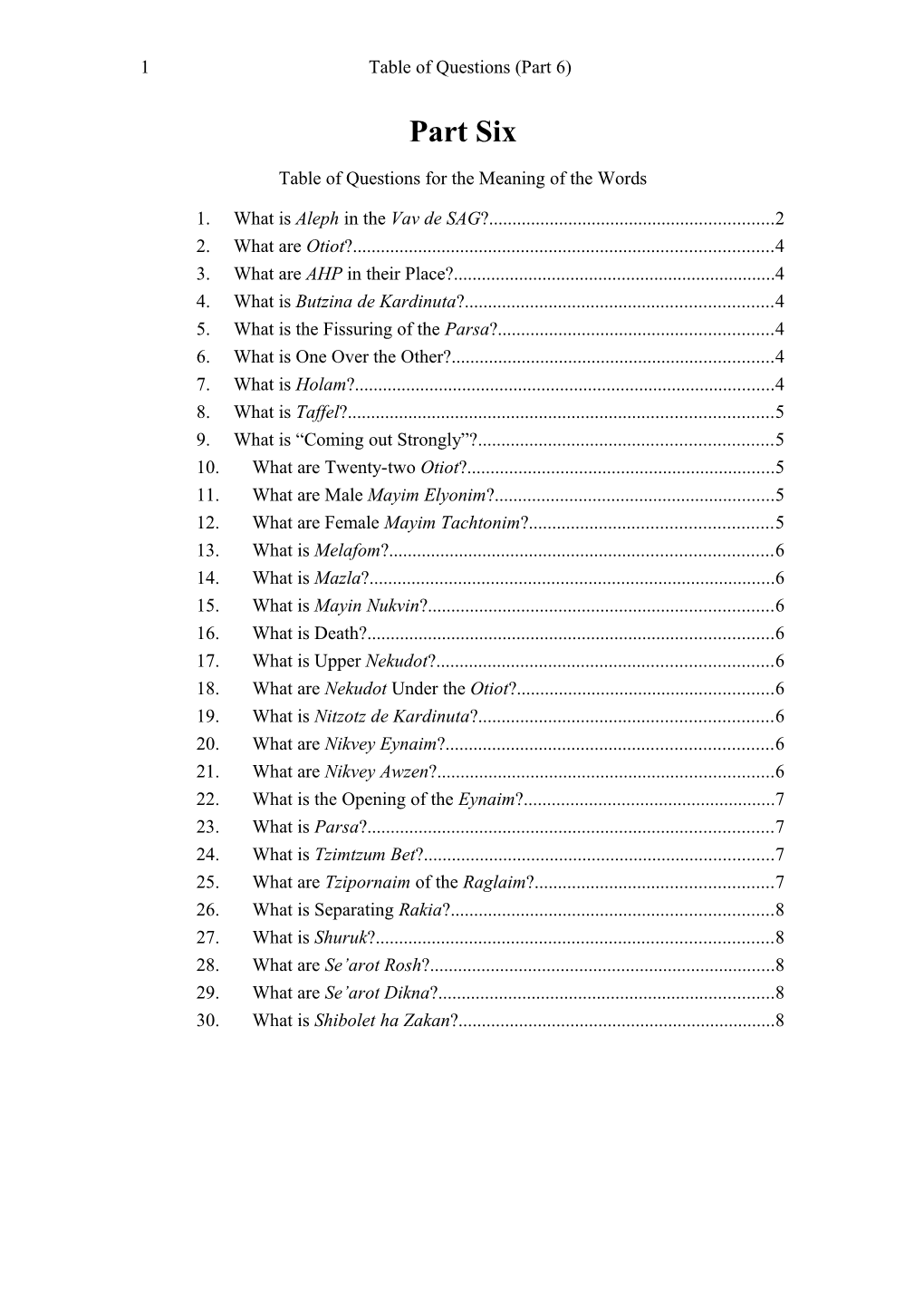 Table of Questions for the Meaning of the Words