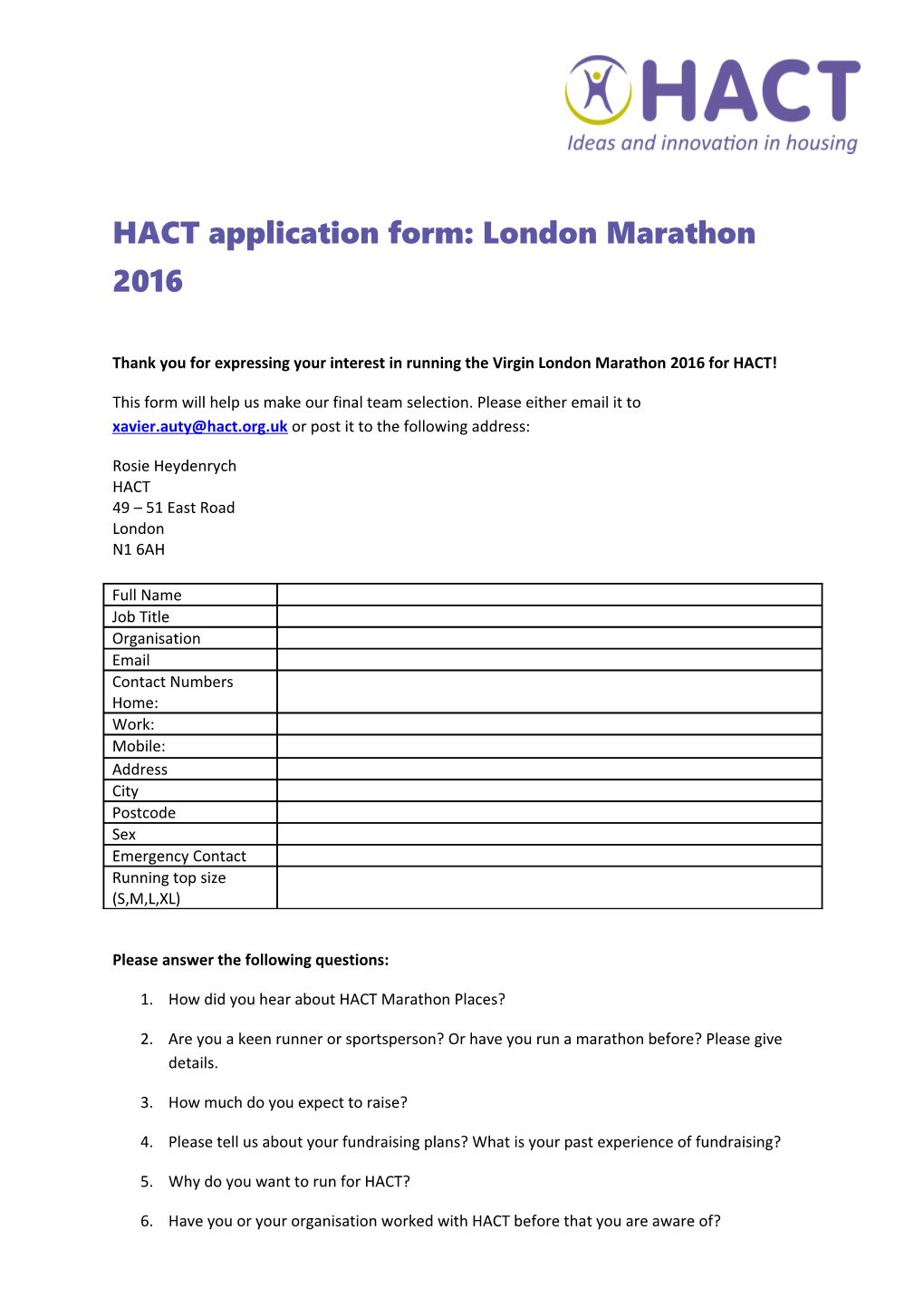 HACT London Marathon 2012 Runner Information