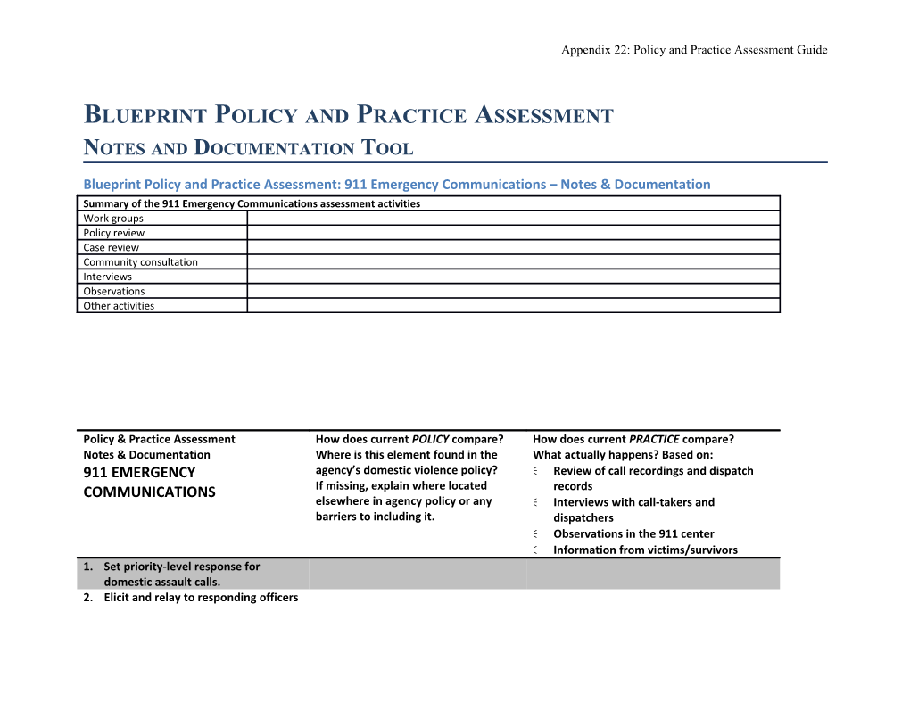 Blueprint Policy and Practice Assessment Notes and Documentation Tool