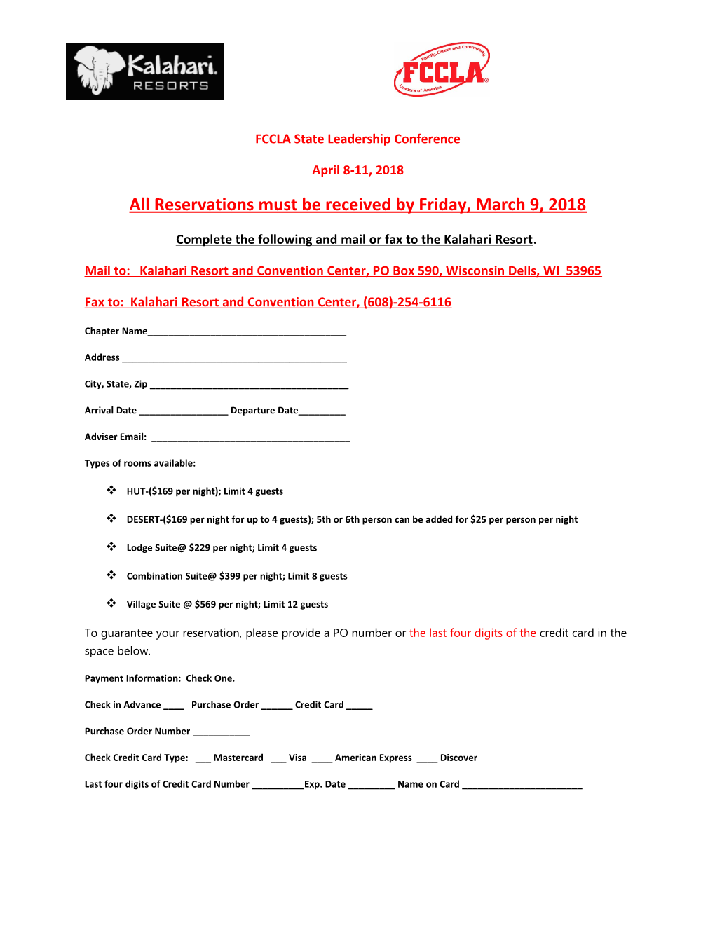 Wisconsin FCCLA State Leadership Conference Lodging Reservations Template