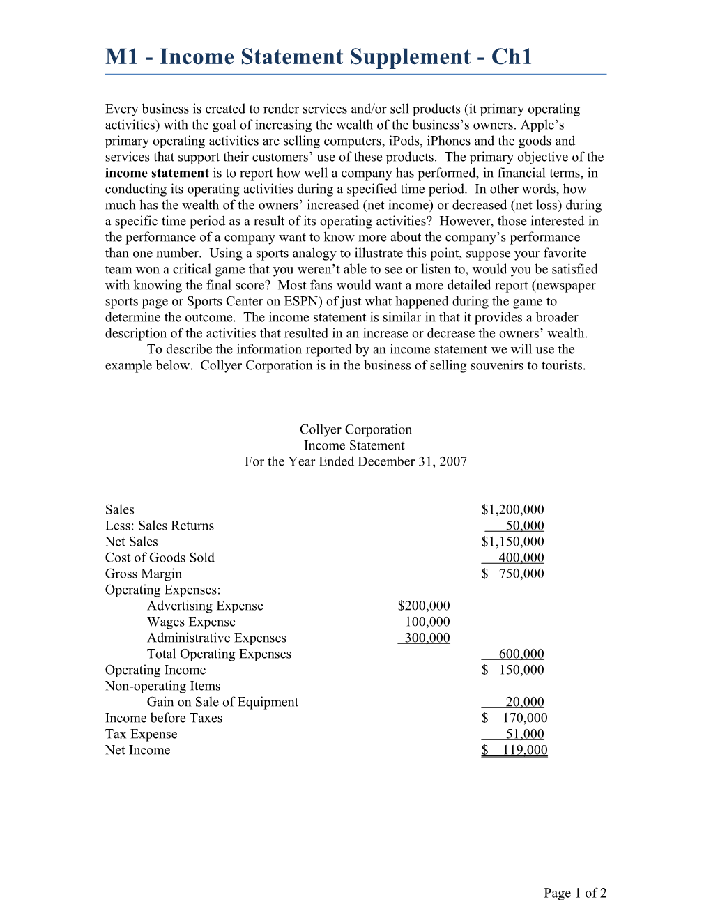 Income Statement Supplement