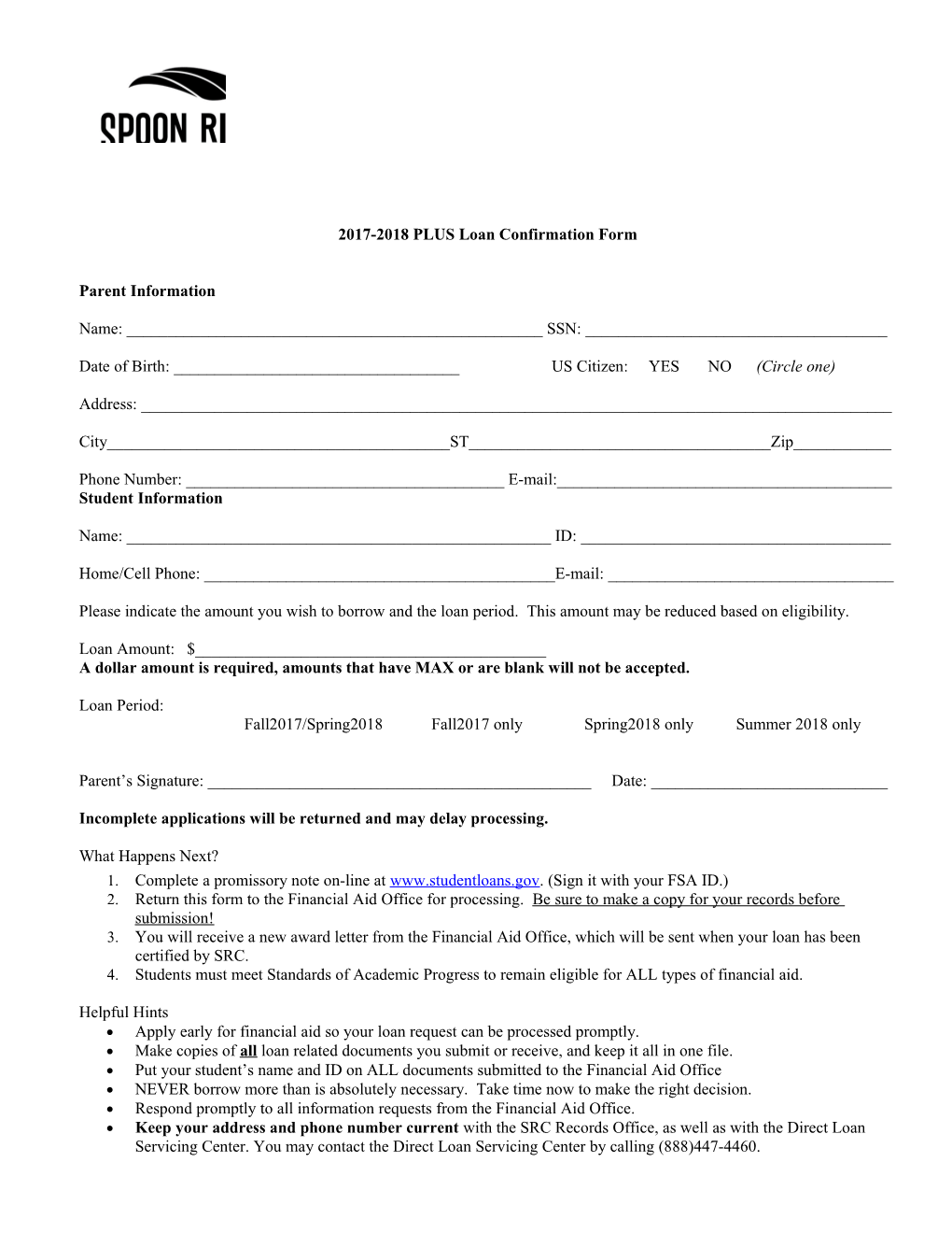 2017-2018PLUS Loan Confirmation Form