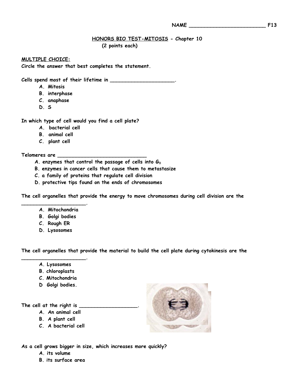 HONORS BIO TEST-MITOSIS - Chapter 10
