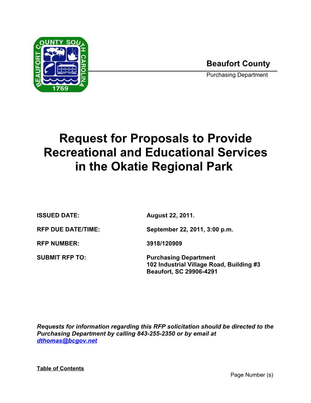 Request for Proposalstoprovide Recreational and Educational Services in the Okatie Regional