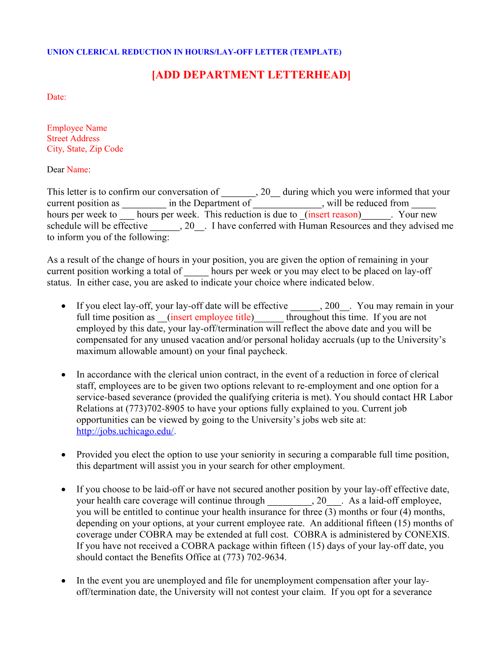Union Clerical Lay-Off Letter (Template)