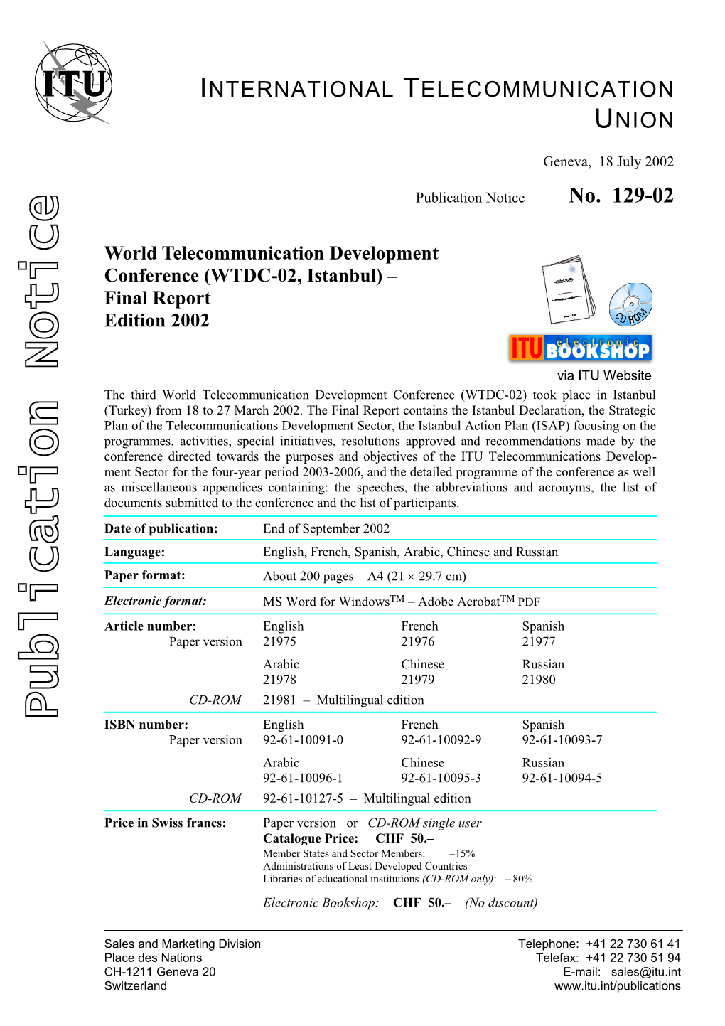 Publication Notice No. 129-02 World Telecommunication Development Conference (WTDC-2002
