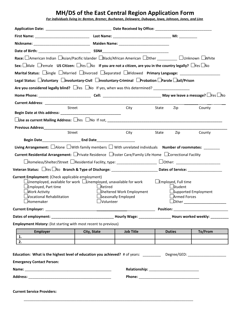 MH/DS of the East Central Region Application Form