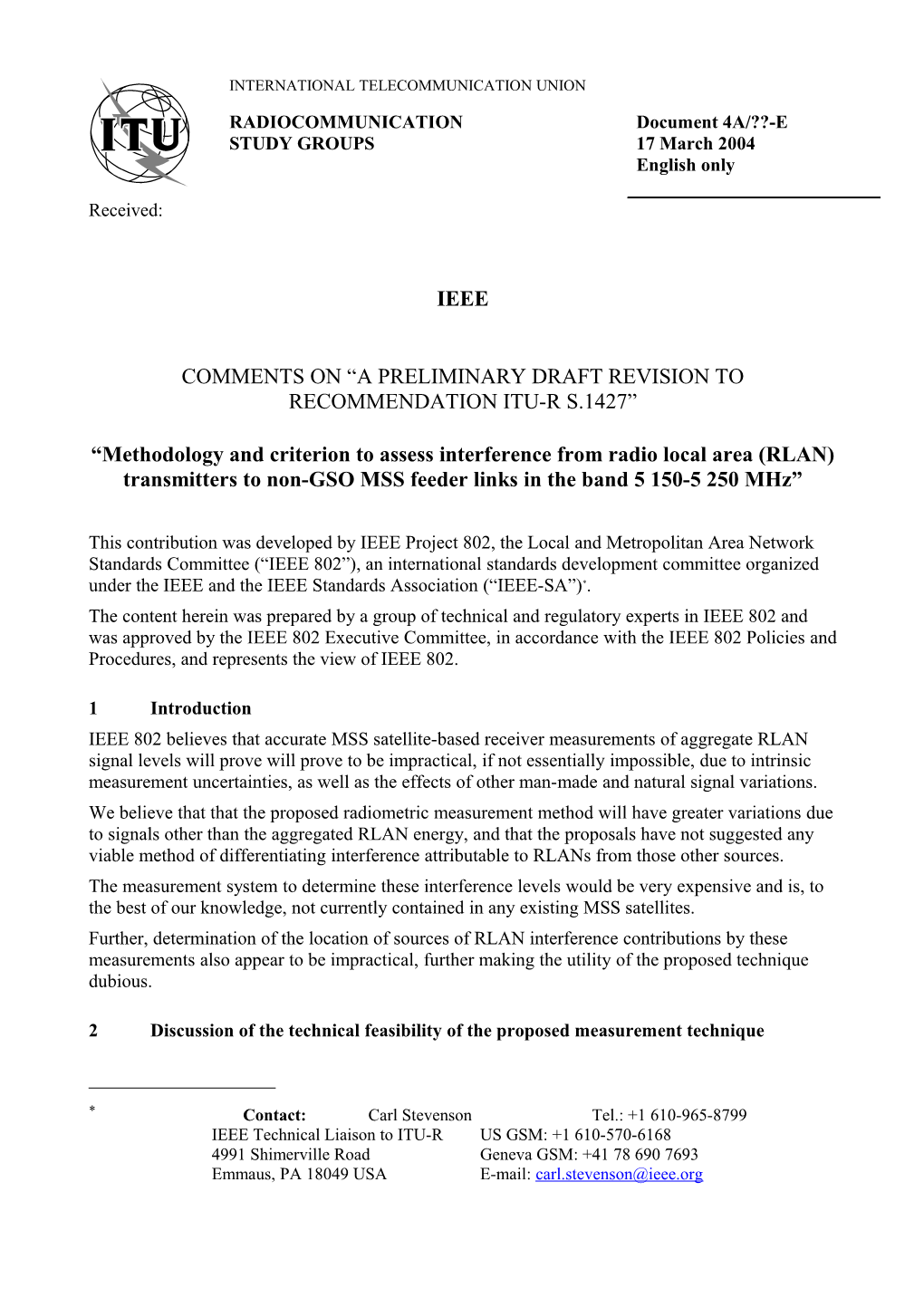 Comments on a Preliminary Draft Revision to Recommendation Itu-R S.1427