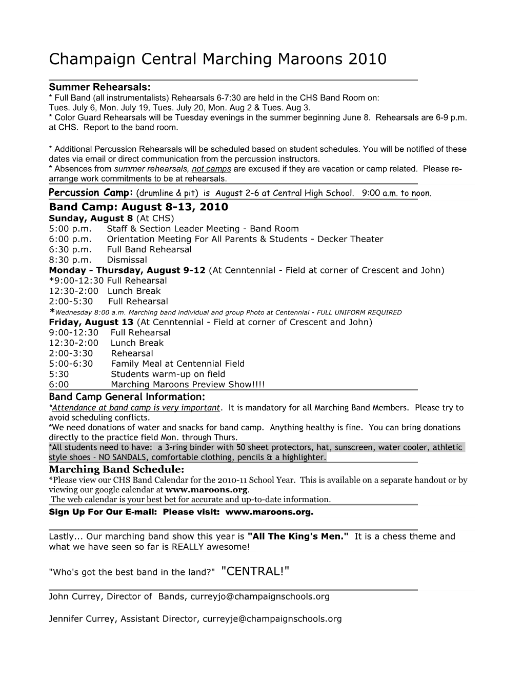 Band Camp 2010 Info