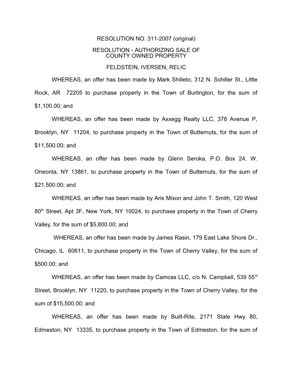 Resolution - Authorizing Sale of County Owned Property