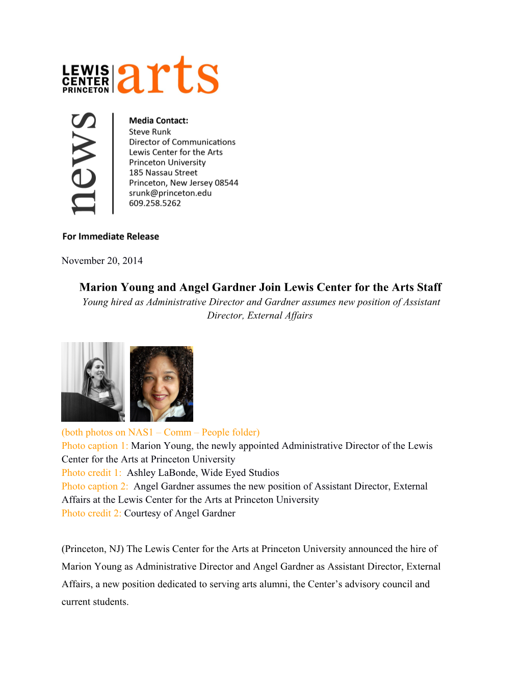 Marion Young and Angel Gardner Join Lewis Center for the Arts Staff