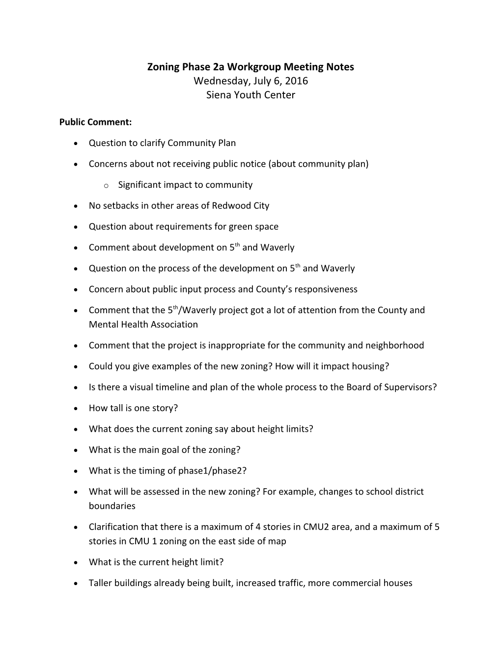 Zoning Phase 2A Workgroup Meeting Notes