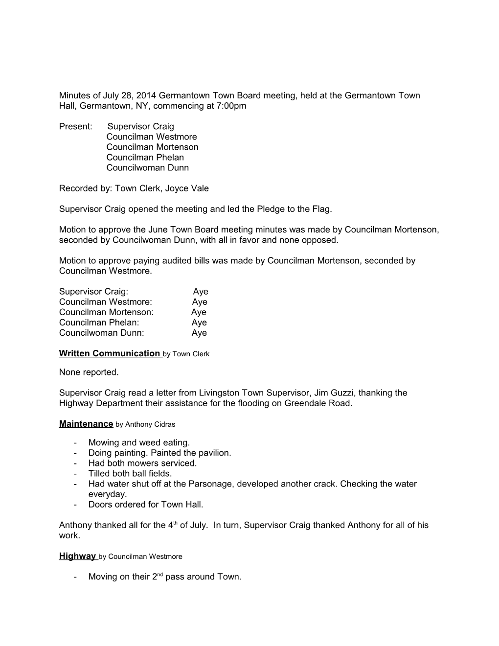 Minutes of July 28, 2014 Germantown Town Board Meeting, Held at the Germantown Town Hall