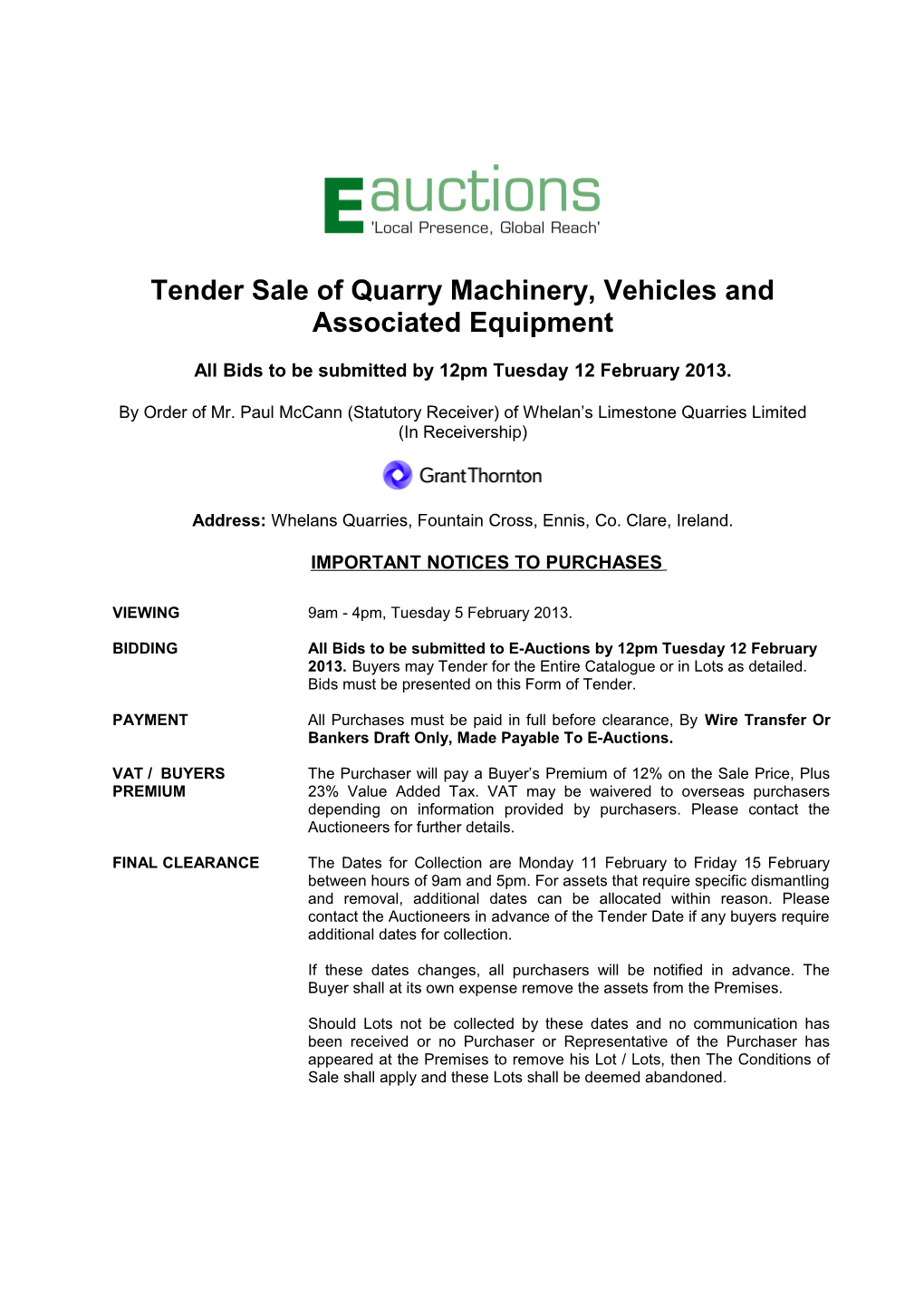 Tender Sale of Quarry Machinery, Vehicles and Associated Equipment