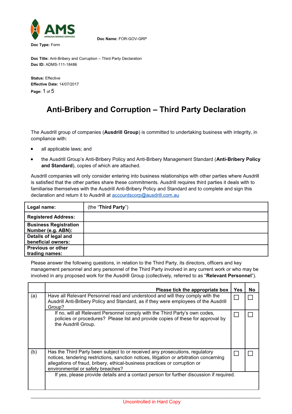 Anti-Bribery and Corruption Third Party Declaration