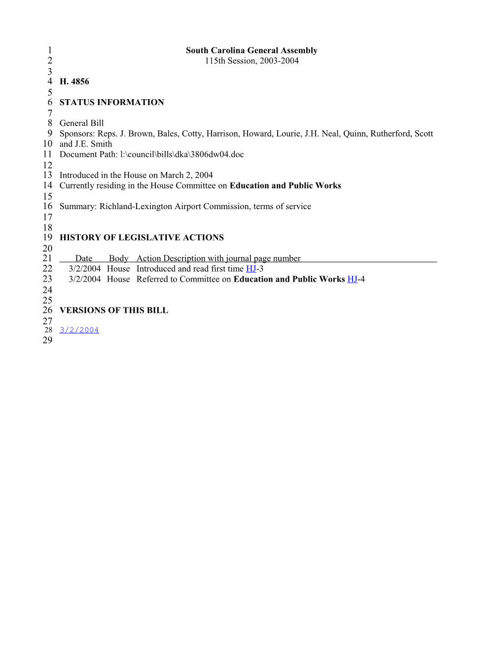 2003-2004 Bill 4856: Richland-Lexington Airport Commission, Terms of Service - South Carolina