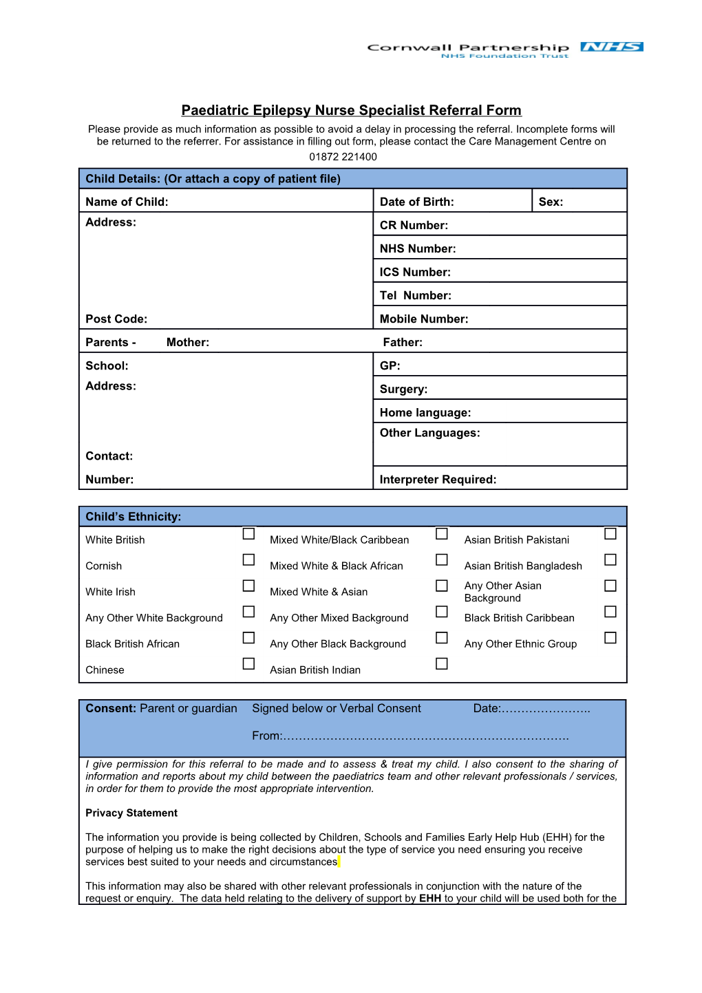 Paediatric Epilepsy Nurse Specialist Referral Form