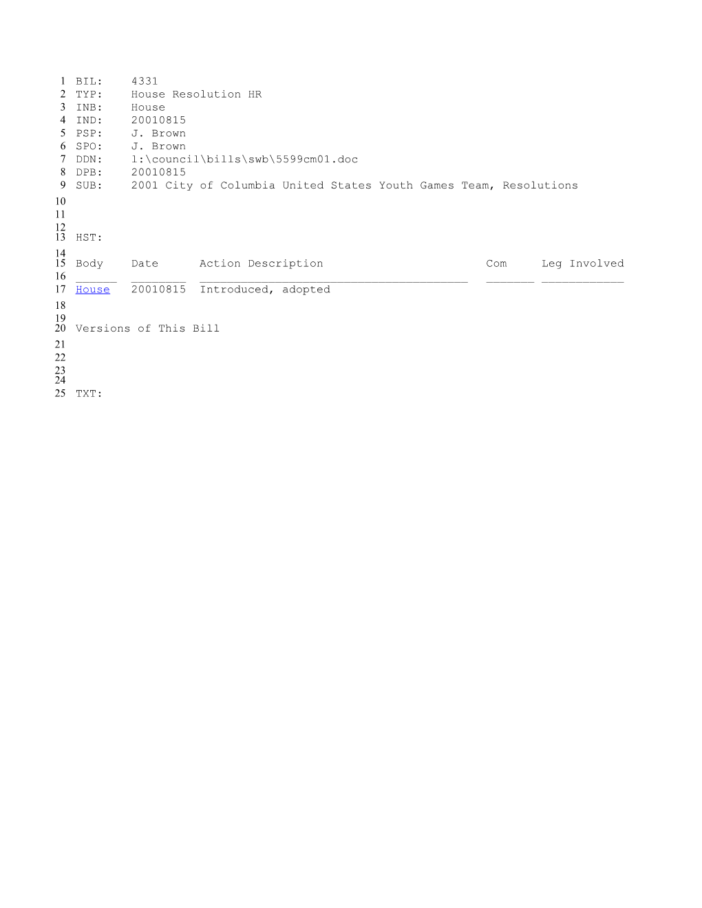 2001-2002 Bill 4331: 2001 City of Columbia United States Youth Games Team, Resolutions