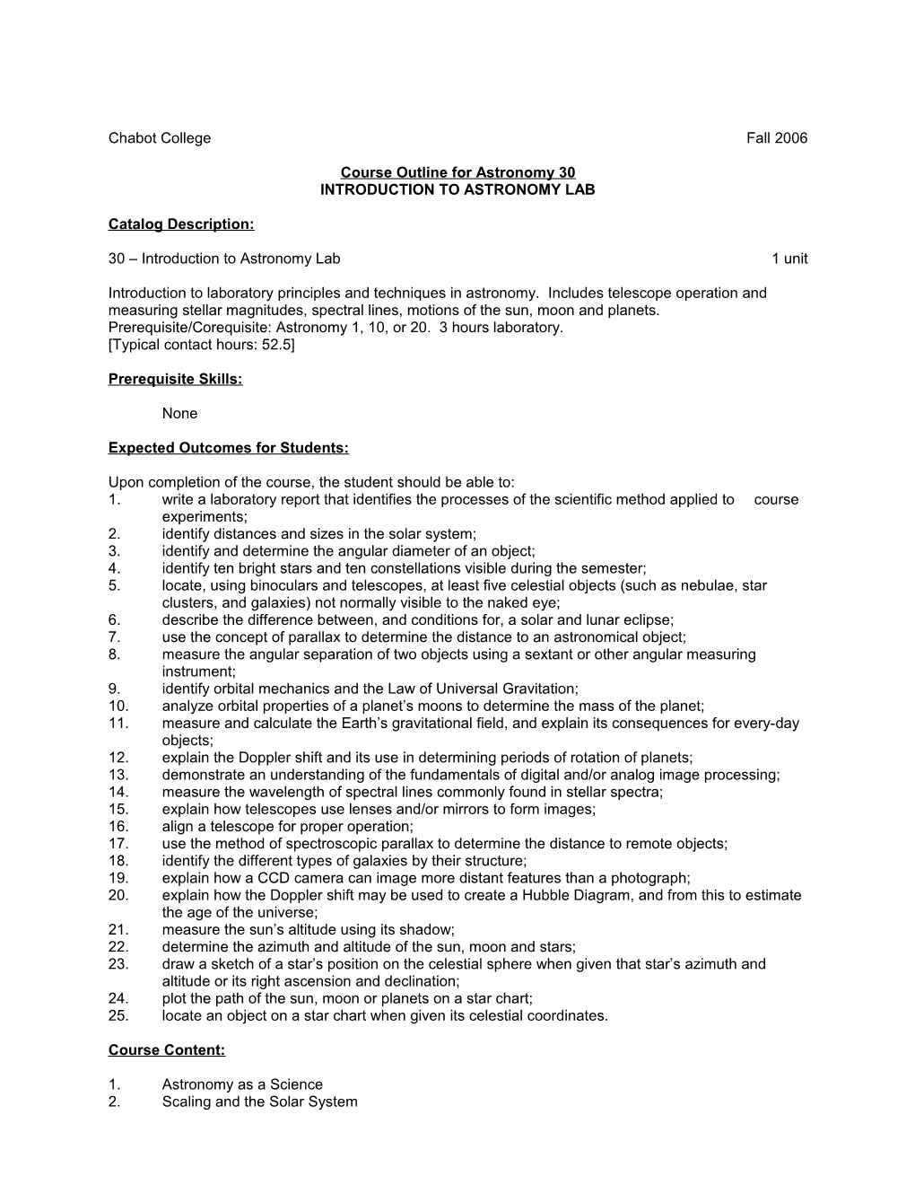 Course Outline for Astronomy 30