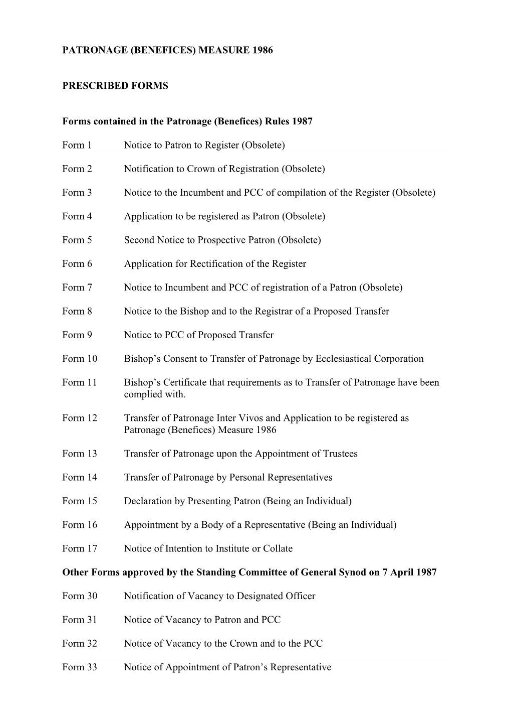 Patronage (Benefices) Measure 1986