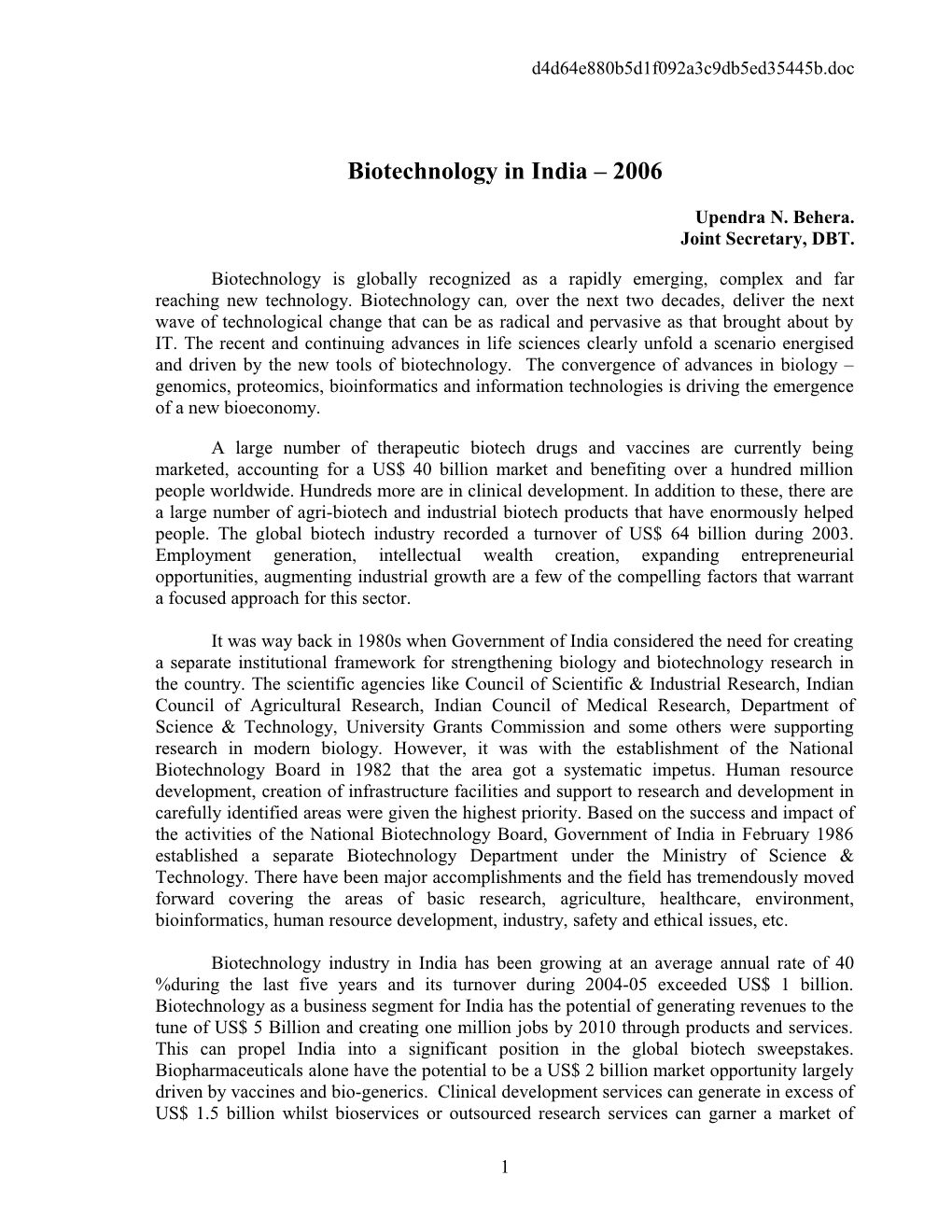 Biotechnology in India 2006