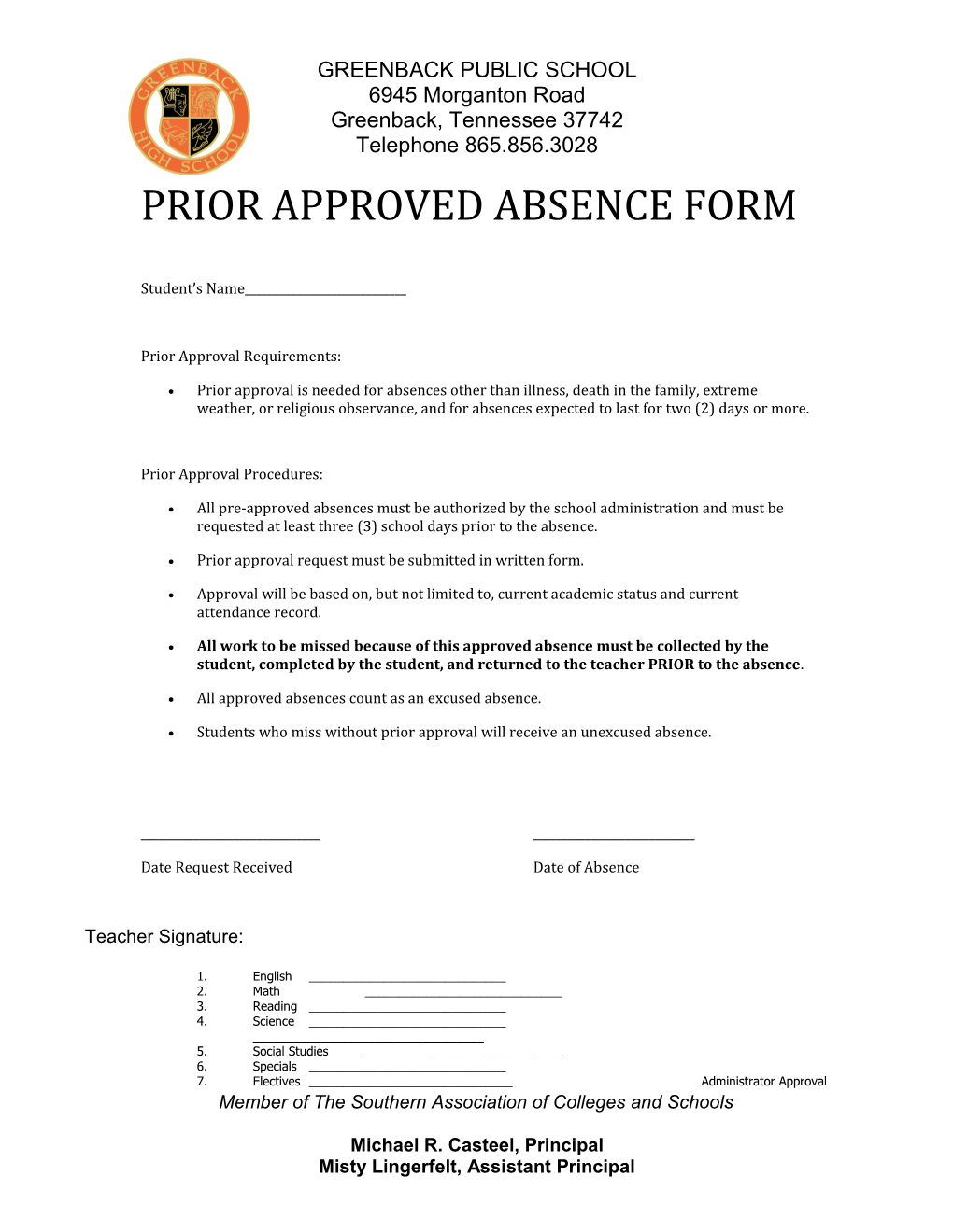 Prior Approved Absence Form