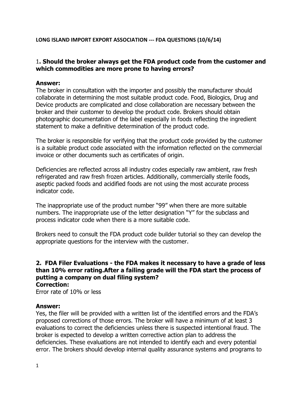 Long Island Import Export Association Fda Questions (10/6/14)