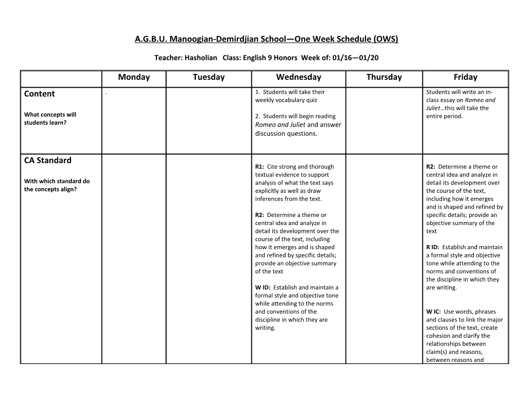 A.G.B.U.Manoogian-Demirdjianschool One Week Schedule (OWS)
