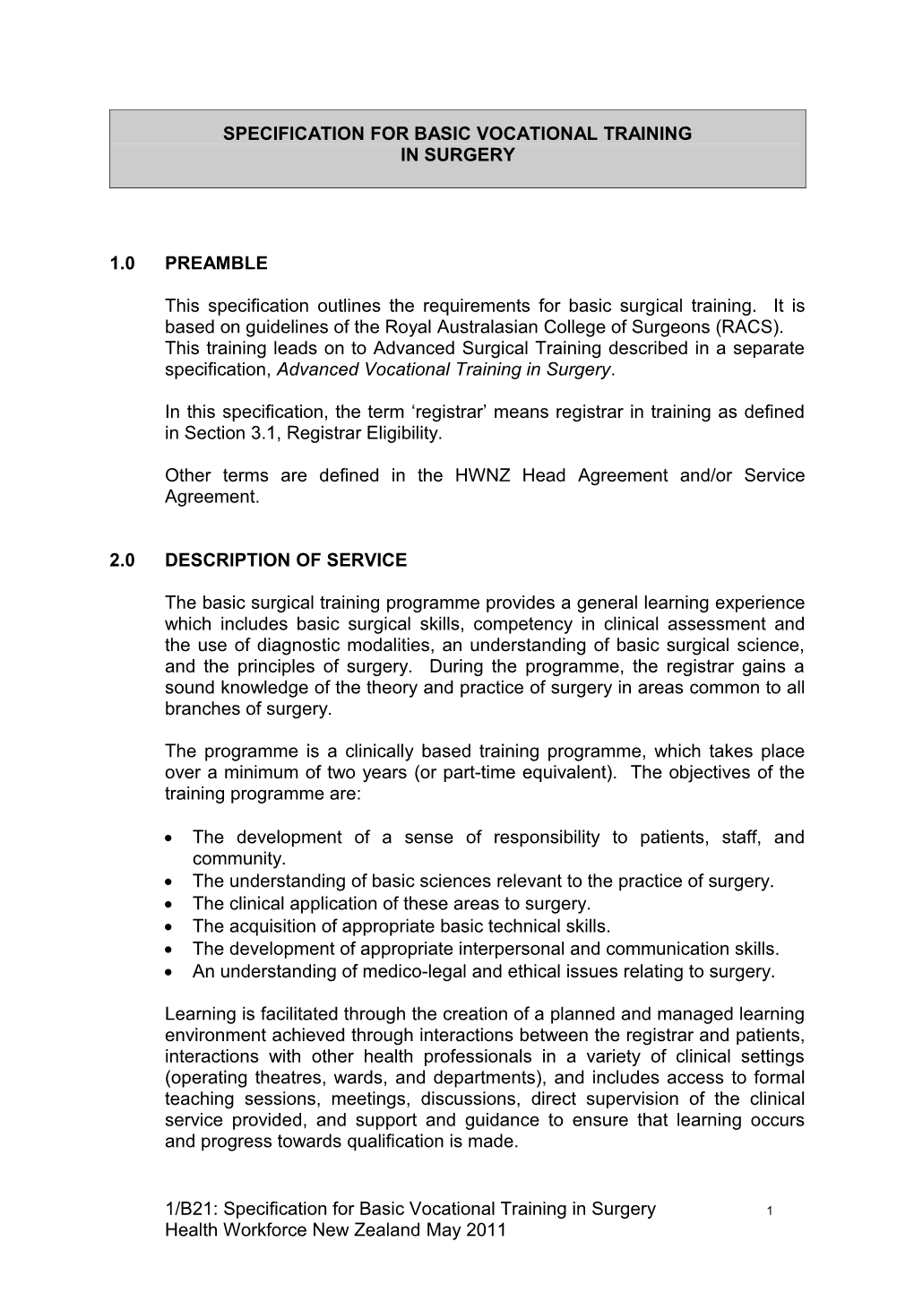 Specification for Basic Vocational Training in Surgery