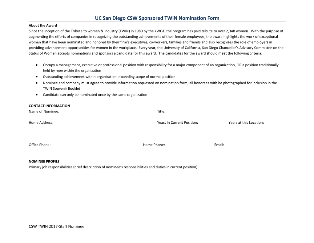 UC San Diego CSW Sponsored TWIN Nomination Form