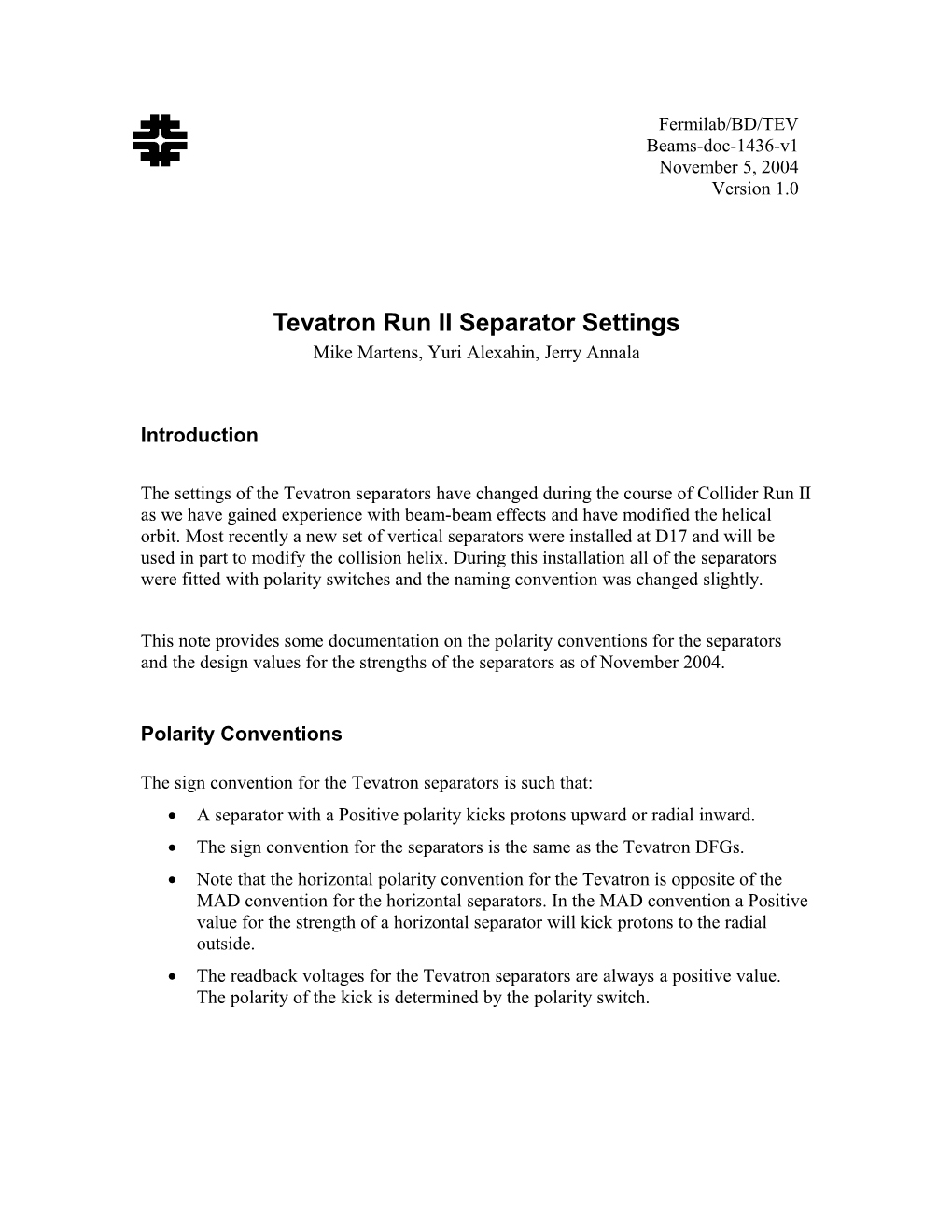 Tevatron Run II Separator Settings