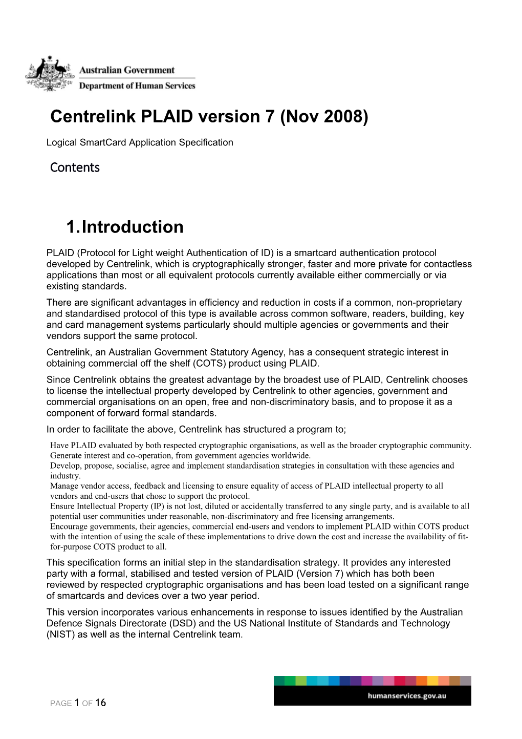 Centrelink PLAID Specification Version 7