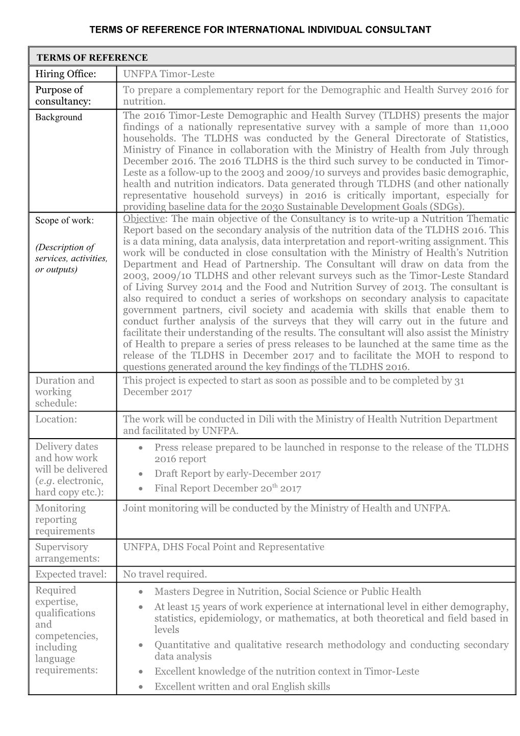 Terms of Reference for International Individual Consultant