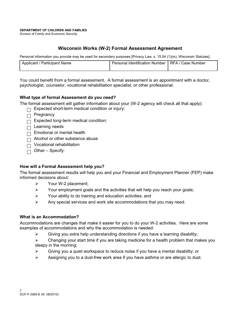 Wisconsin Works (W-2) Formal Assessment Agreement