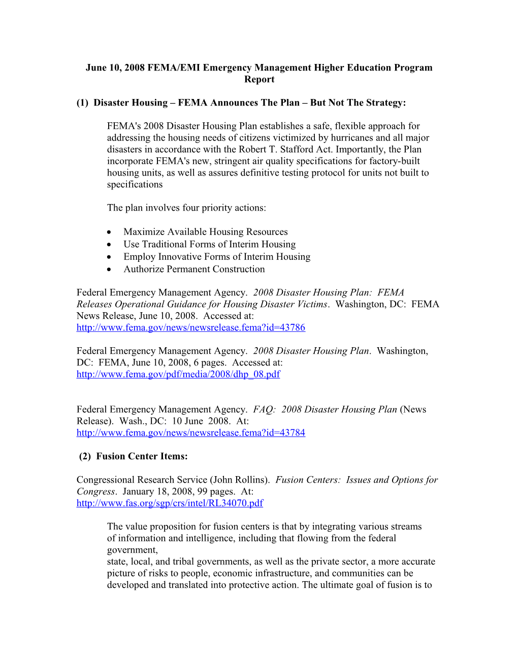 June 10, 2008 FEMA/EMI Emergency Management Higher Education Program Report