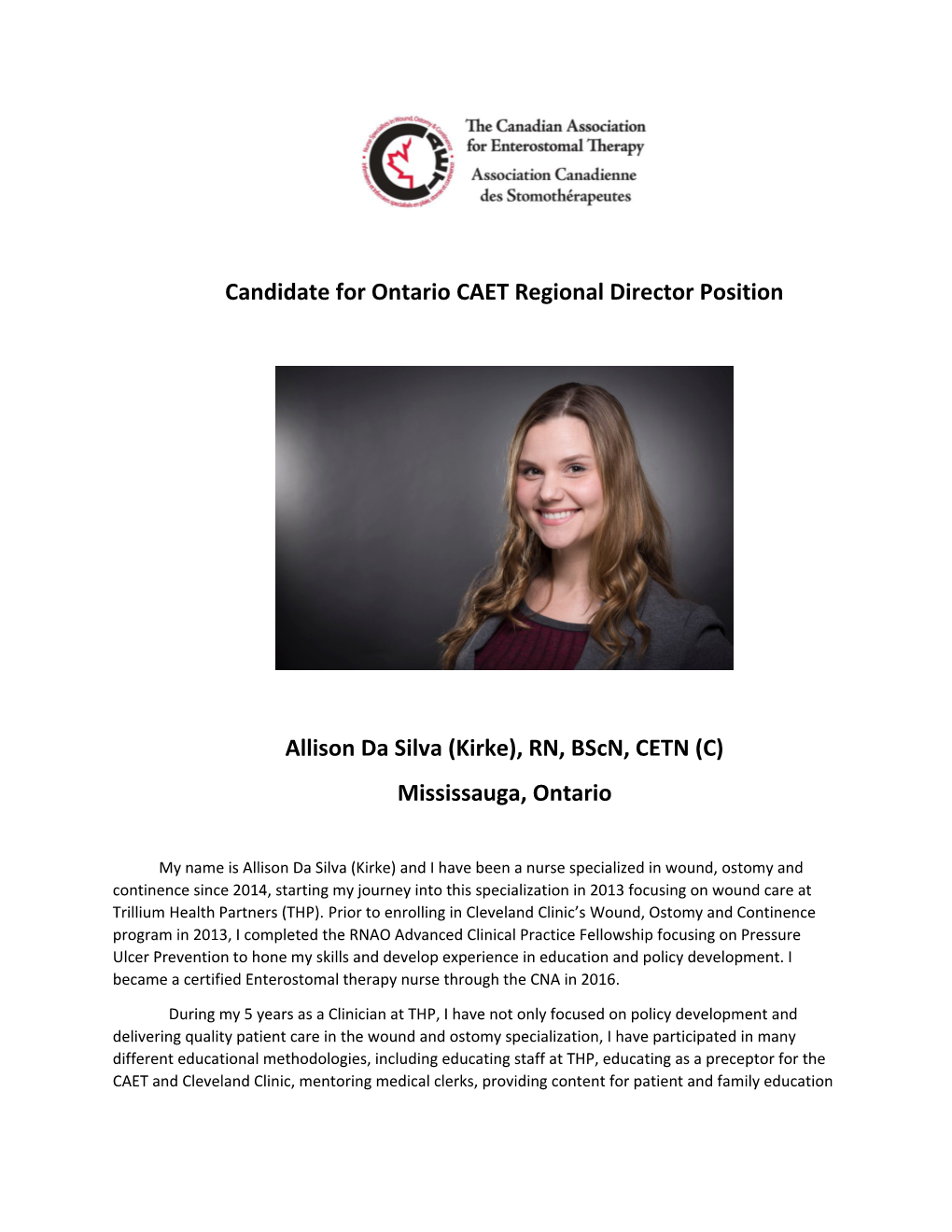 Candidate for Ontario CAET Regional Director Position
