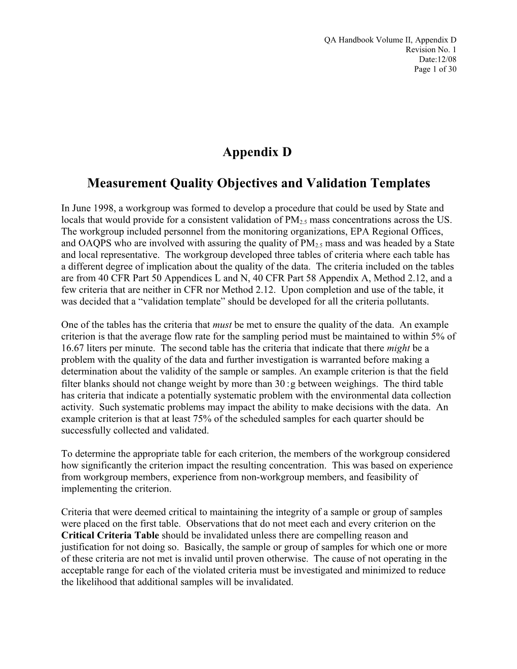 Measurement Quality Objectives and Validation Templates