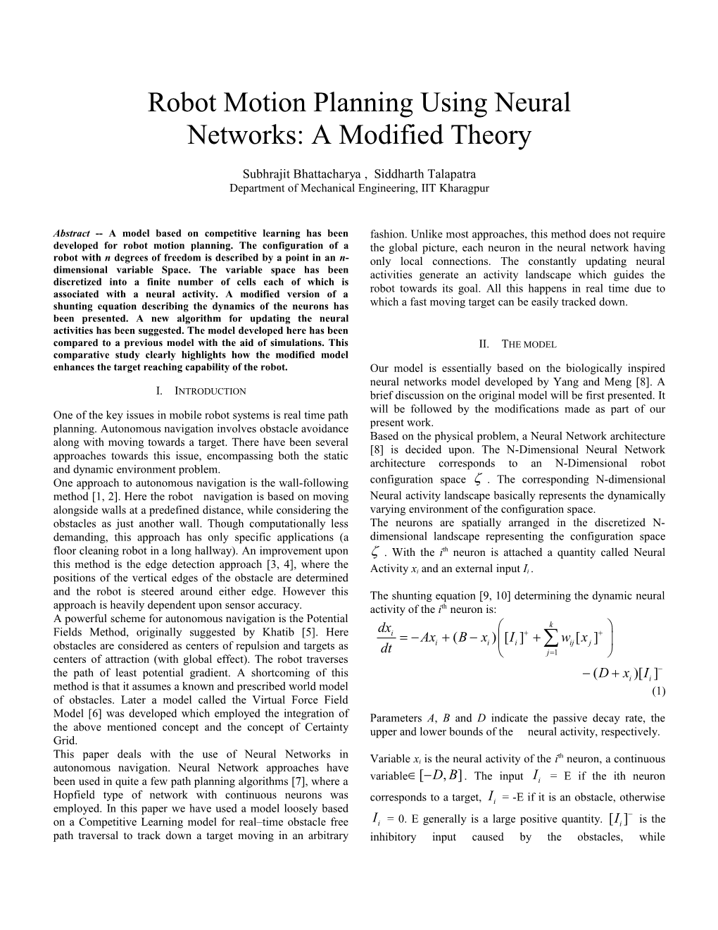 Robot Motion Planning Using Neural Networks:A Modified Theory