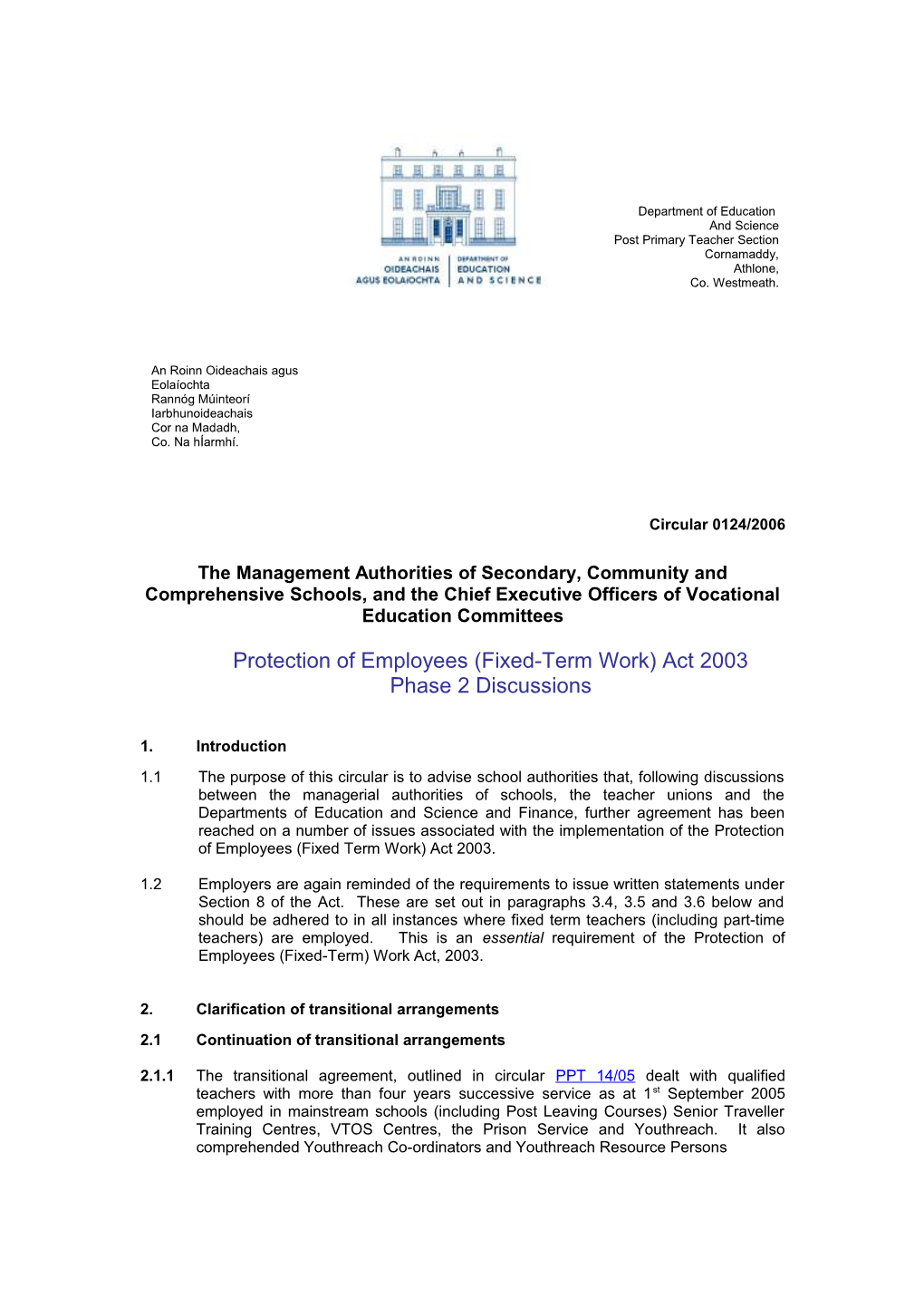 Circular 0124/2006 - Protection of Employees (Fixed-Term Work) Act 2003 - Phase 2 Discussions