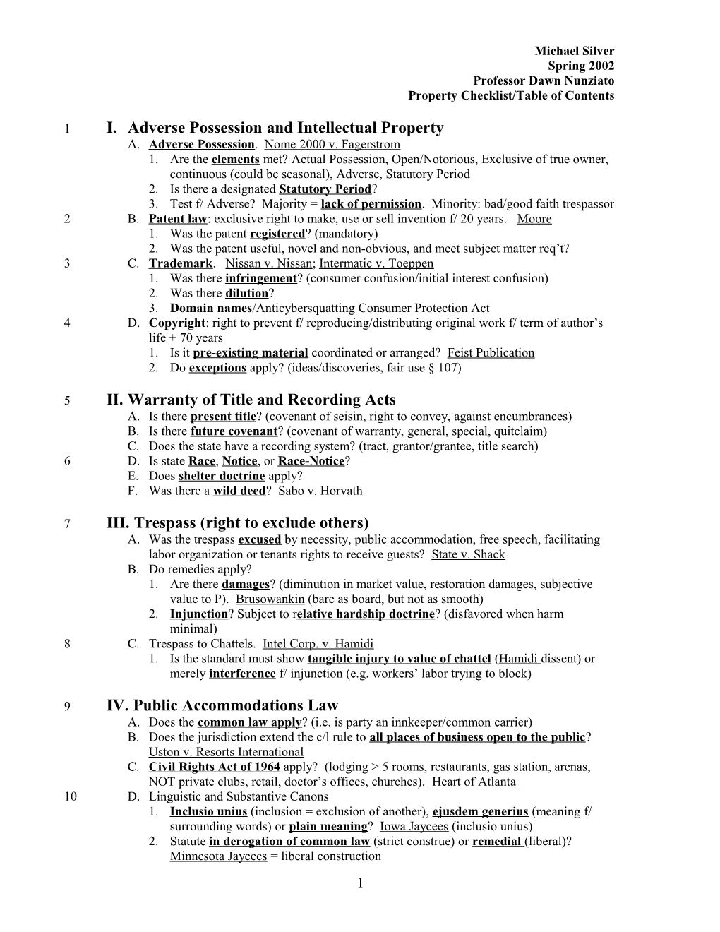 Property Checklist/Table of Contents