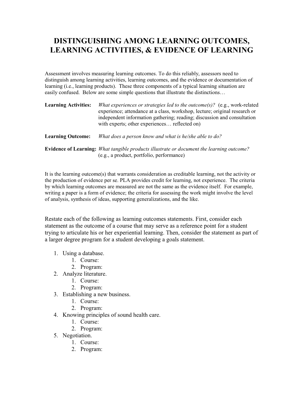 Writing Statements of Learning Outcomes