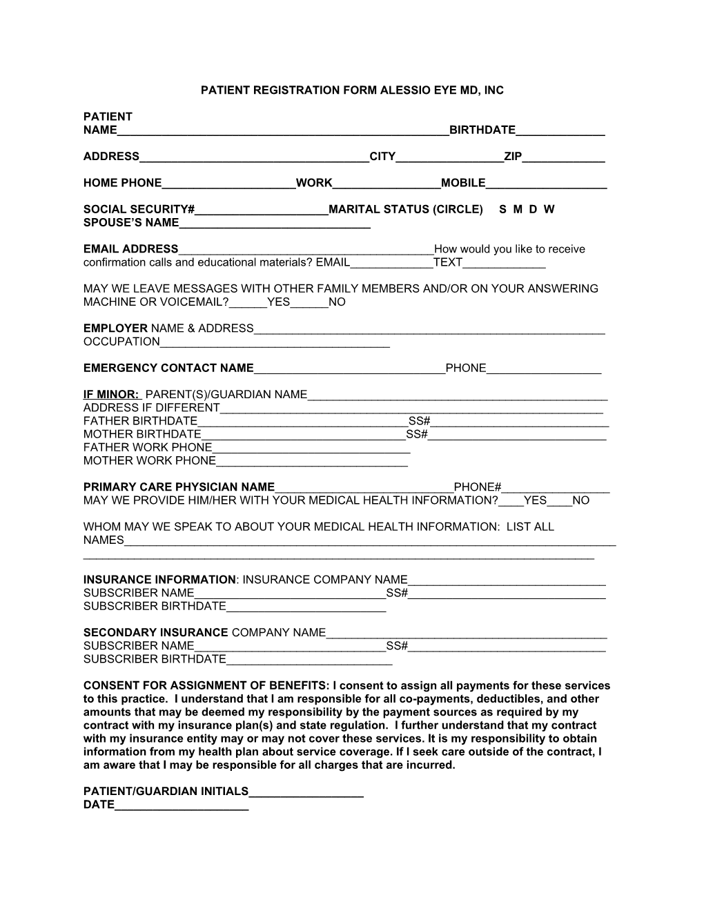 Patient Registration Form Alessio Eye Md, Inc