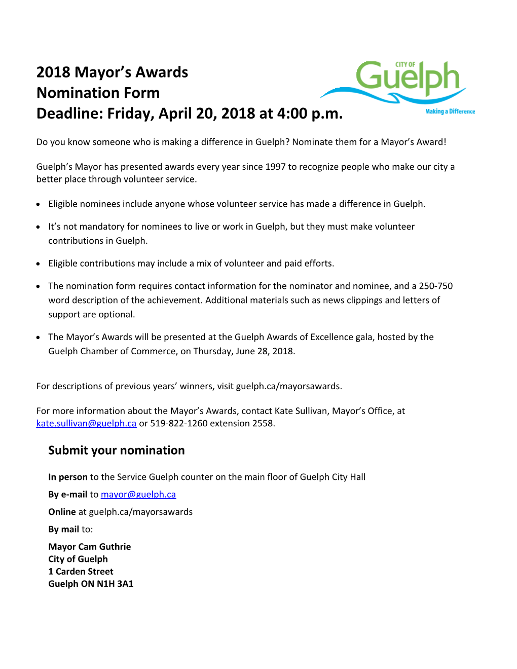Do You Know Someone Who Is Making a Difference in Guelph? Nominate Them for a Mayor S Award!